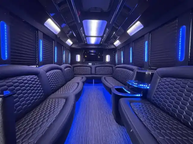 20-Passenger Limousine Bus interior for John Wayne Airport private transportation